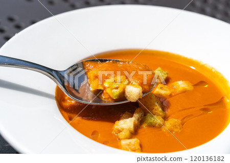Creamy tomato soup or bisque with croutons, delicious rich smooth texture, perfect healthy lunch Creamy tomato soup or bisque with croutons, delicious rich smooth texture, perfect healthy lunch 120136182