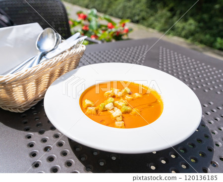 Creamy tomato soup or bisque with croutons, delicious rich smooth texture, perfect healthy lunch 120136185