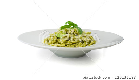 Trofie Al Pesto, Italian Pasta with Pesto Sauce, Traditional Genovese Troffie, Fusilli Pugliesi, Liguria Food Trofie Al Pesto, Italian Pasta with Pesto Sauce, Traditional Genovese Troffie, Fusilli Pugliesi, Liguria Food 120136188