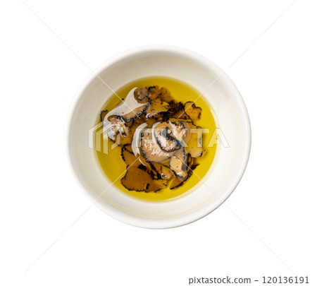 Truffle Slices Isolated, Tuber Melanosporum Mushroom Pieces in Oil, Canned Black Truffle 120136191