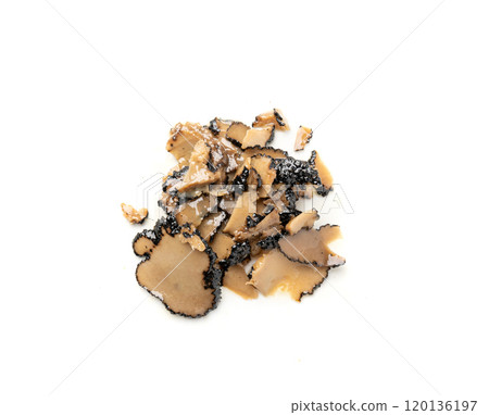 Truffle Slices Isolated, Tuber Melanosporum Mushroom Pieces in Oil, Canned Black Truffle 120136197