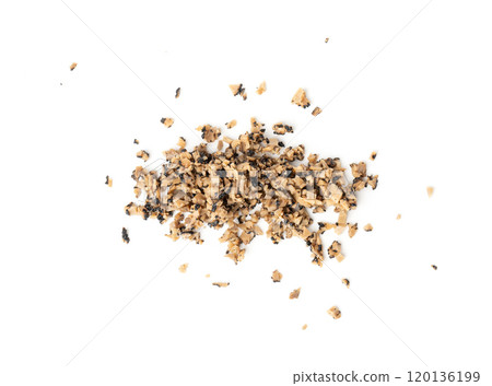 Chopped Truffle Chopped Parts Isolated, Tuber Melanosporum Mushroom Pieces, Black Truffle Cuts 120136199