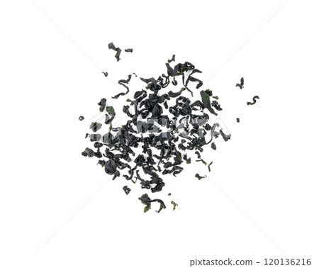 Wakame seaweed pieces isolated, edible raw algae, dry undaria pinnatifida healthy food kelp Wakame seaweed pieces isolated, edible raw algae, dry undaria pinnatifida healthy food kelp 120136216