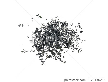 Wakame seaweed pieces isolated, edible raw algae, dry undaria pinnatifida healthy food kelp Wakame seaweed pieces isolated, edible raw algae, dry undaria pinnatifida healthy food kelp 120136218