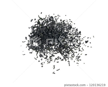 Wakame seaweed pieces isolated, edible raw algae, dry undaria pinnatifida healthy food kelp Wakame seaweed pieces isolated, edible raw algae, dry undaria pinnatifida healthy food kelp 120136219