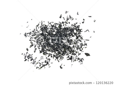 Wakame seaweed pieces isolated, edible raw algae, dry undaria pinnatifida healthy food kelp Wakame seaweed pieces isolated, edible raw algae, dry undaria pinnatifida healthy food kelp 120136220