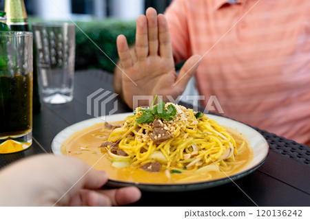 Refusal to Chiang mai curry noodles, asian spicy egg pasta rejection, yellow curried noodle soup Khao Soi 120136242