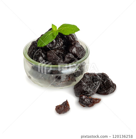 Dry Plums Isolated, Dried Black Fruits, Prune Group, Dry Plum Fruit on White Background 120136258