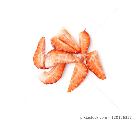 Strawberry pieces isolated, red berry cut set, fresh strawberries slices, summer food ingredient 120136332