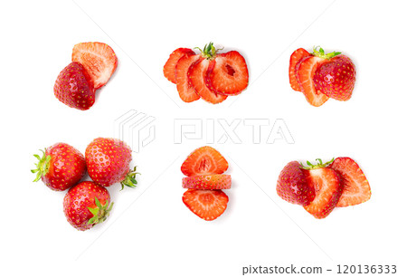 Strawberry pieces isolated, red berry cut set, fresh strawberries slices, summer food ingredient 120136333