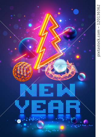 Christmas and New Year banner in computer tech style. Isometric christmas tree with decoration balls, fintech technology charts hanging in cyberspace. Digital technology business congratulations card 120136362
