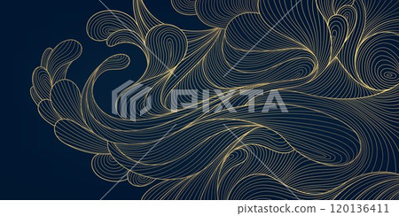 Vector line gold wave pattern, japanese art texture, organic shape banner. Vintage ornament poster, luxury wallpaper, sea nature curve illustration 120136411