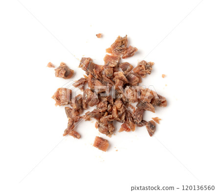 Finely chopped anchovy fillet, marinated fish, traditional salted anchovy in oil on white Finely chopped anchovy fillet, marinated fish, traditional salted anchovy in oil on white 120136560
