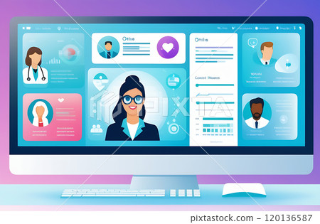 illustration of the concept of Internet telemedicine. The doctor consults the patient using online technology through a video calling app 120136587