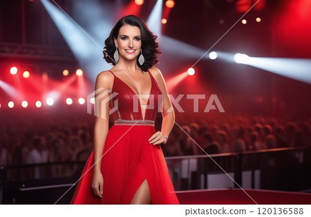 Portrait of a beautiful woman with long black hair posing in a red dress on stage 120136588