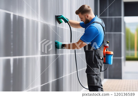 A professional cleaner thoroughly cleans the wall panels on the facade of the building with a jet of water 120136589