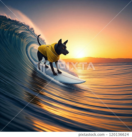 Sweet dreams. Creative art collage with funny beagle dog surfing on surfboard on huge wave in ocean 120136624