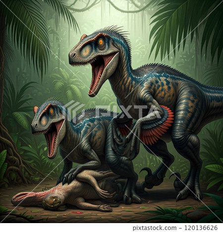 Dinosaurus rex with prehistoric landscape. Ai generated. 120136626