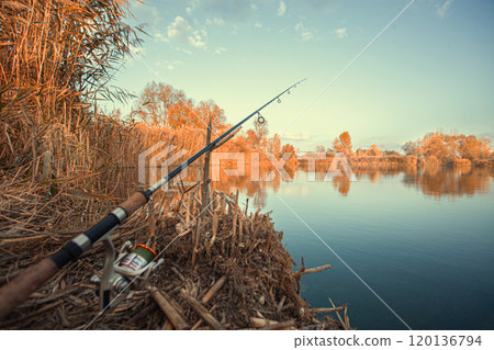 Close-up of fishing rod. Fishing on the shore of the lake. Spinning rods for sport fishing. Close-up of fishing rod. Fishing on the shore of the lake. Spinning rods for sport fishing. 120136794