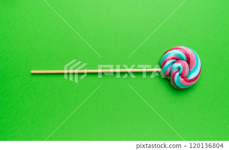 Color lollipop, spiral candy on stick, colorful striped lollypop, round fruit caramel, circle lollipop 120136804