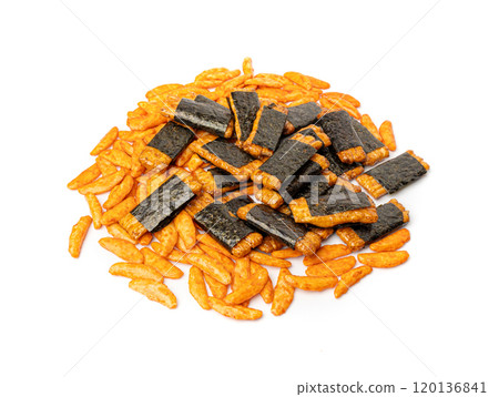 Senbei isolated, kaki no tane rice crackers, japanese crispy snack, sembei, okaki with wasabi, nori Senbei isolated, kaki no tane rice crackers, japanese crispy snack, sembei, okaki with wasabi, nori 120136841