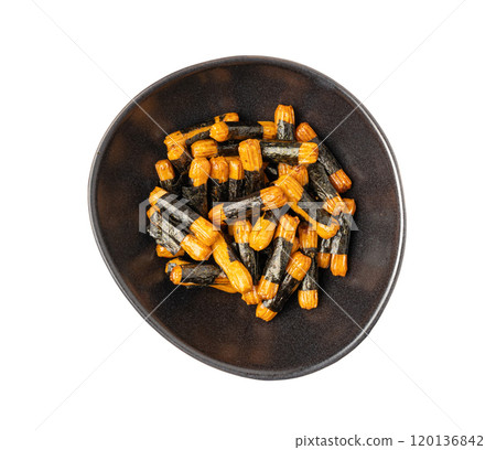 Senbei isolated, kaki no tane rice crackers, japanese crispy snack, sembei, okaki with wasabi, nori 120136842