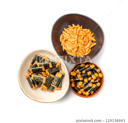 Senbei isolated, kaki no tane rice crackers, japanese crispy snack, sembei, okaki with wasabi, nori Senbei isolated, kaki no tane rice crackers, japanese crispy snack, sembei, okaki with wasabi, nori 120136843