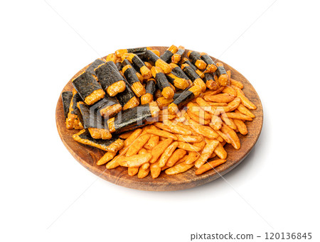 Senbei isolated, kaki no tane rice crackers, japanese crispy snack, sembei, okaki with wasabi, nori 120136845