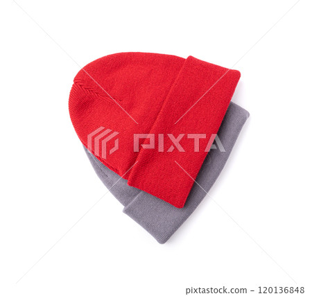 Winter Hat Isolated, Knitted Cap, Beige Winter Hat on White Background 120136848