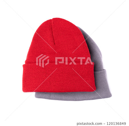 Winter Hat Isolated, Knitted Cap, Beige Winter Hat on White Background 120136849