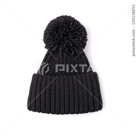 Winter Hat Isolated, Knitted Cap, Beige Winter Hat on White Background 120136852
