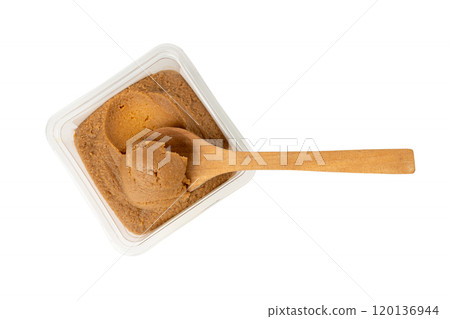 Miso paste isolated. Japanese shiro miso seasoning sauce, fermented soybean spread, brown soy cream 120136944