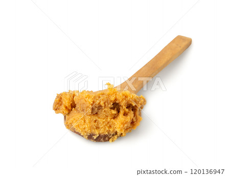 Miso paste isolated. Japanese shiro miso seasoning sauce, fermented soybean spread, brown soy cream 120136947