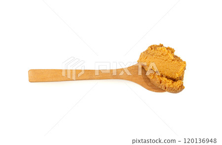 Miso paste isolated. Japanese shiro miso seasoning sauce, fermented soybean spread, brown soy cream Miso paste isolated. Japanese shiro miso seasoning sauce, fermented soybean spread, brown soy cream 120136948