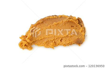 Miso paste isolated. Japanese shiro miso seasoning sauce, fermented soybean spread, brown soy cream Miso paste isolated. Japanese shiro miso seasoning sauce, fermented soybean spread, brown soy cream 120136950