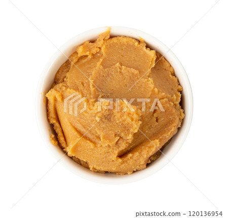 Miso paste isolated. Japanese shiro miso seasoning sauce, fermented soybean spread, brown soy cream 120136954