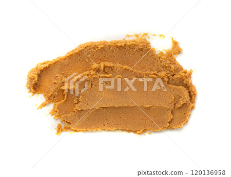 Miso paste isolated. Japanese shiro miso seasoning sauce, fermented soybean spread, brown soy cream Miso paste isolated. Japanese shiro miso seasoning sauce, fermented soybean spread, brown soy cream 120136958