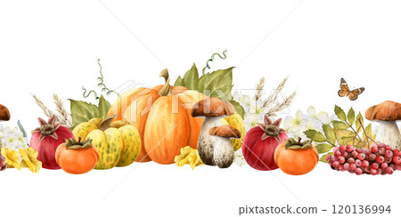 Watercolor fall garden harvest of pumpkins, mushrooms, wheat, pomegranates and rowanberry hand drawn seamless border. Vegetables and fruits crop with butterfly and persimmon in warm autumn colors 120136994