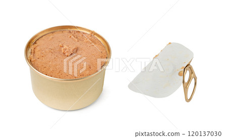 Pet Food in Metal Packaging Isolated, Wet Food for Cats, Dog Canned Pate, Open Pet Food on White 120137030