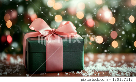 A gift box wrapped in chic satin green wrapping paper and tied with a pink silk ribbon, placed on a A gift box wrapped in chic satin green wrapping paper and tied with a pink silk ribbon, placed on a 120137112