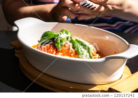 Lasagna portion, oven baked lasagne, pasta layers with cheese, minced meat, tomato in sunny summer day Lasagna portion, oven baked lasagne, pasta layers with cheese, minced meat, tomato in sunny summer day 120137241