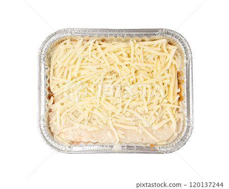 Lasagna portion in aluminium foil tray isolated. Oven baked lasagne for heating, container, airplane food Lasagna portion in aluminium foil tray isolated. Oven baked lasagne for heating, container, airplane food 120137244