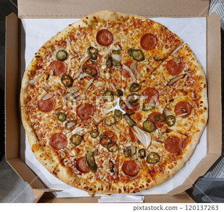 Hot Italian Pizza, Ham Pizza with Green Jalapeno Pepper and Onion, Chili Pepper and Mozzarella Cheese 120137263