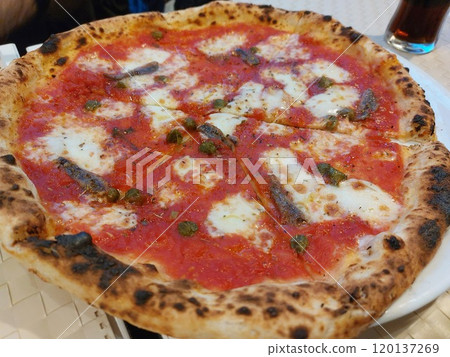 Anchovy Pizza on Restaurant Plate, Macro Fish Pizza with Tomatoes and Mozzarella Cheese at Outdoor Cafe Anchovy Pizza on Restaurant Plate, Macro Fish Pizza with Tomatoes and Mozzarella Cheese at Outdoor Cafe 120137269