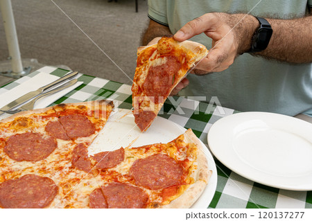 Pepperoni Pizza on Restaurant Plate, Salami Pizza with Olives, Tomatoes and Mozzarella Cheese 120137277