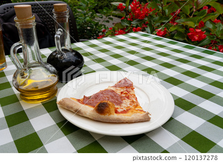 Pepperoni Pizza on Restaurant Plate, Salami Pizza with Olives, Tomatoes and Mozzarella Cheese 120137278