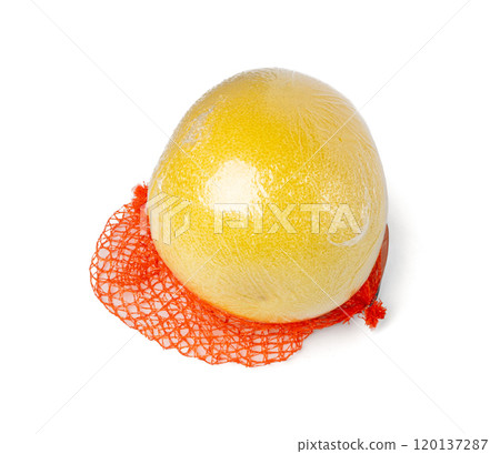 Pomelo Fruit in Plastic Mesh Packaging Isolated on White, Yellow Whole Pomelo on White Background, Clipping Path 120137287