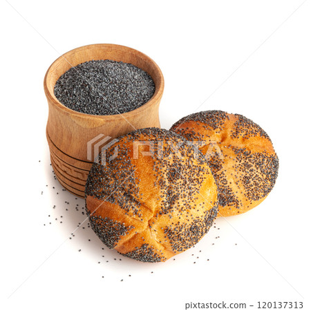 Poppy Seed Bread Isolated, Kaiser Roll, Seeds Breakfast Bun, Poppyseed Round Bagel, Poppy Seed Bun 120137313