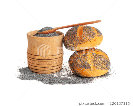 Poppy Seed Bread Isolated, Kaiser Roll, Seeds Breakfast Bun, Poppyseed Round Bagel, Poppy Seed Bun 120137315