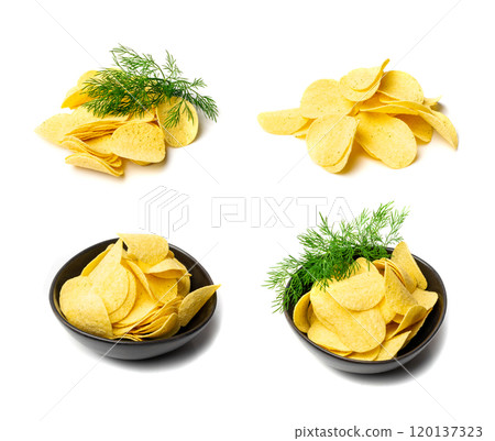 Potato dill chips pile isolated. Crispy thin potato snack heap set, fast food snacks with greens, spices 120137323